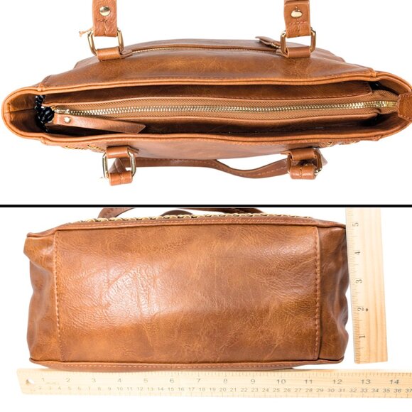 Madison West Brown Leather Double Woven Whipstitch Large Boho Western Tote - Picture 5 of 9